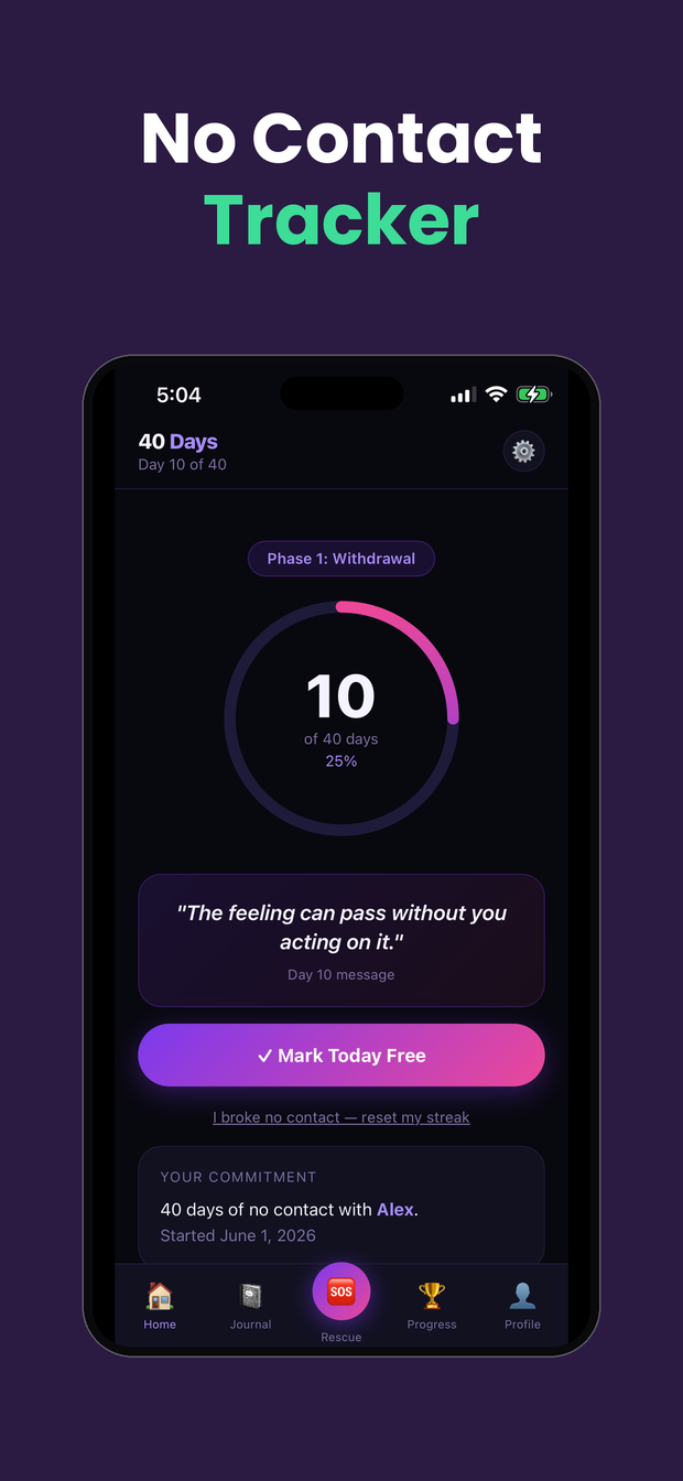 No Contact Tracker home screen with a 40-day streak counter